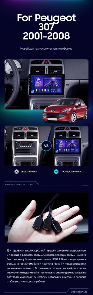 Штатная магнитола Teyes CC3 4/32 Peugeot 307 1 (2001-2008)