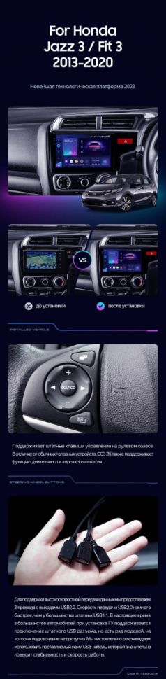 Штатная магнитола Teyes CC3 2K 4/64 Honda Jazz 3 (2015-2020) Тип-A Правый руль