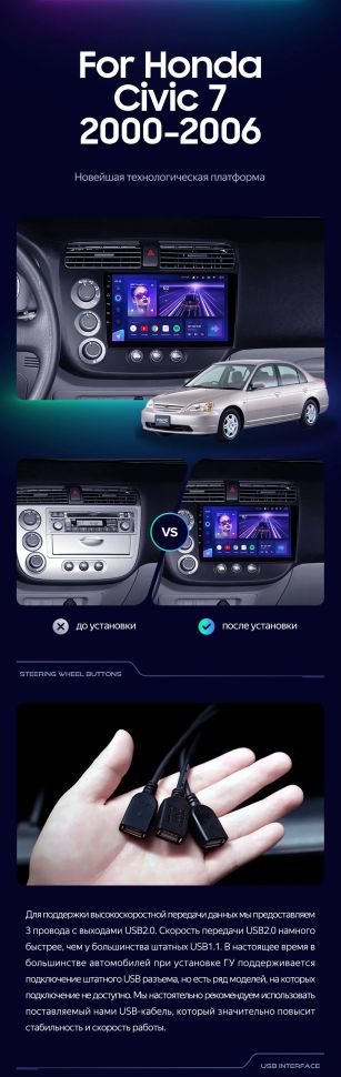 Штатная магнитола Teyes CC3 2K 6/128 Honda Civic 7 (2000-2006) F1