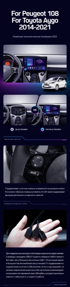 Штатная магнитола Teyes CC3 2K 6/128 Peugeot 108 (2014-2021) F1